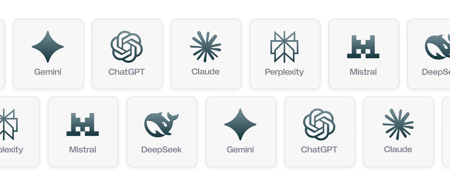 Logo's van AI-aanbieders zoals Gemini, ChatGPT, Claude, Perplexity en Mistral